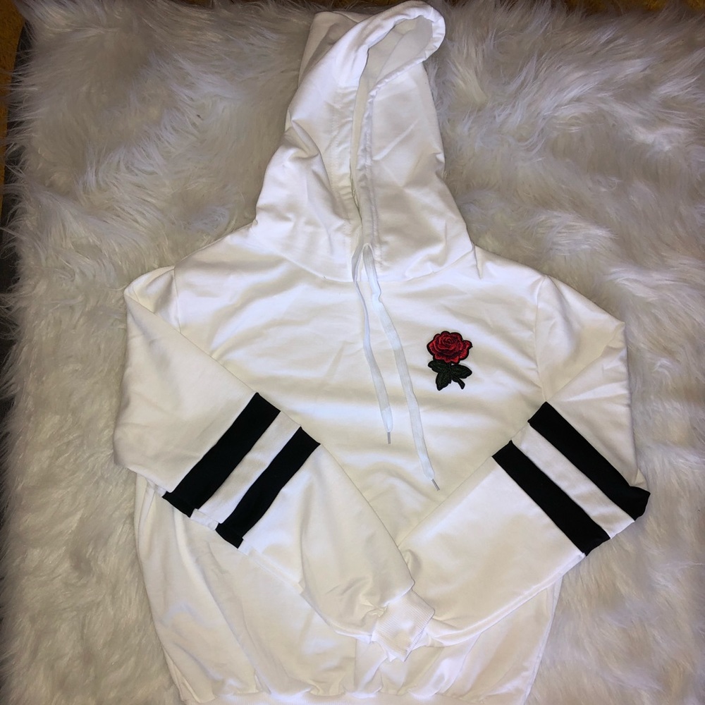 Rose Patched Striped Sleeve Drawstring Hoodie